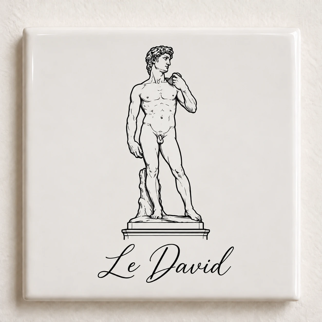 Carreau décoratif K-Reau « Le David » en céramique blanche, dessin au trait noir et nom calligraphié