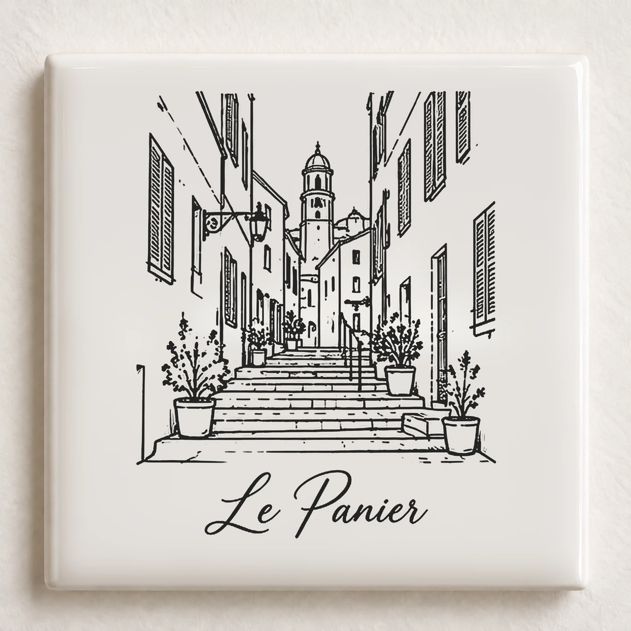 Carreau décoratif K-Reau « Le Panier » en céramique blanche, dessin au trait noir et nom calligraphié