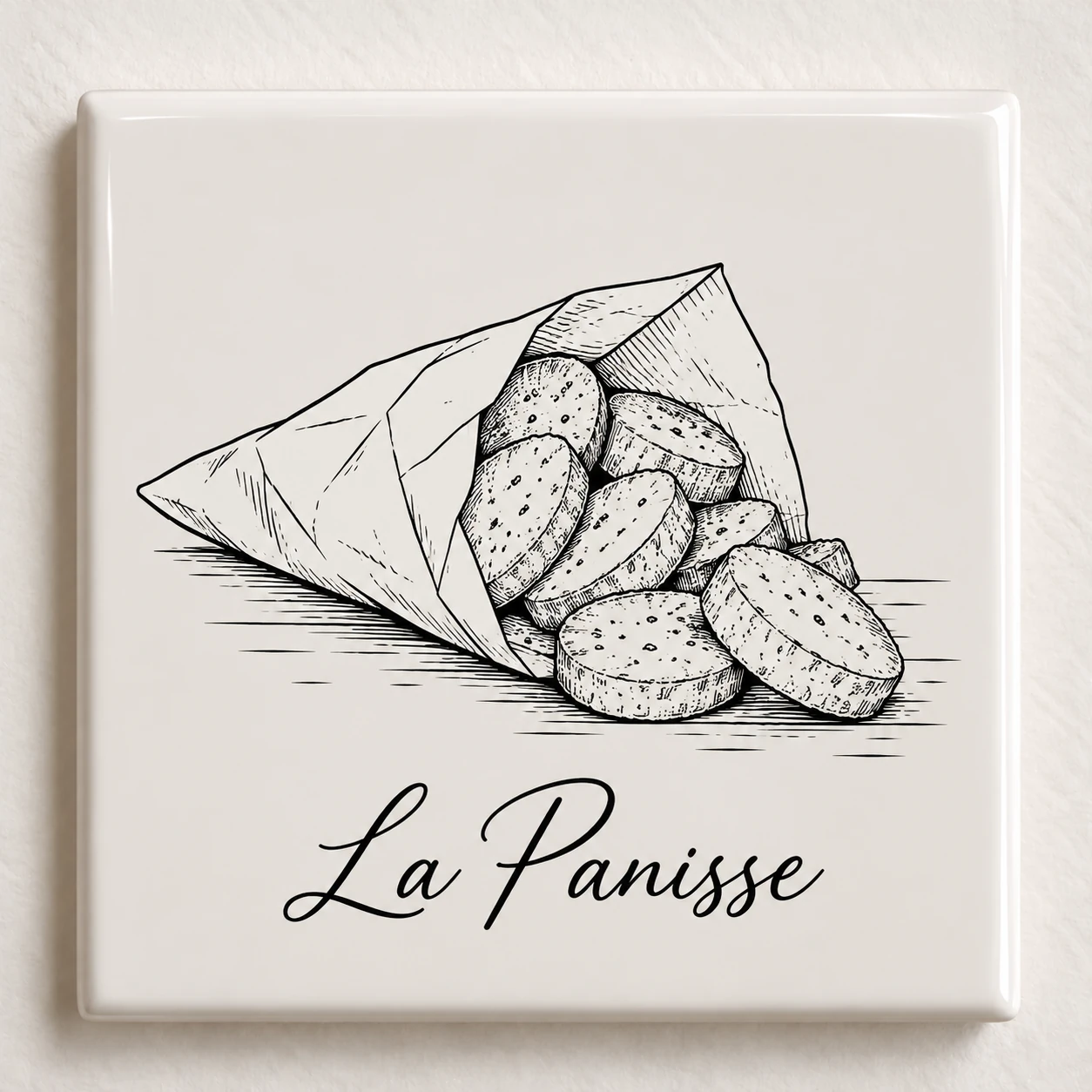 Carreau décoratif K-Reau « La Panisse » en céramique blanche, dessin au trait noir et nom calligraphié