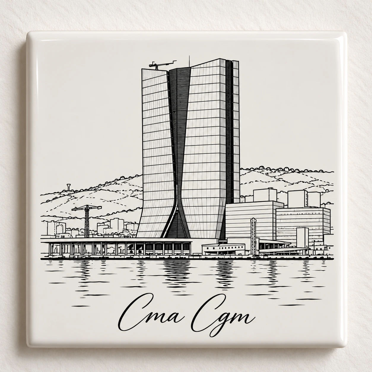Carreau décoratif K-Reau « La Tour CMA CGM » en céramique blanche, dessin au trait noir et nom calligraphié