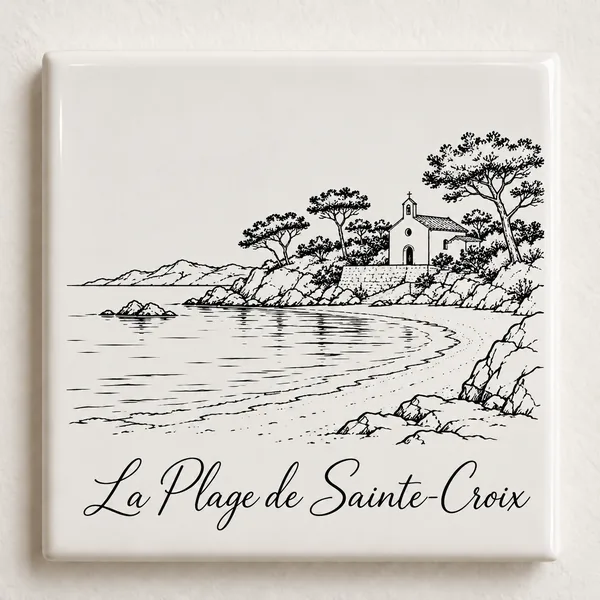 Carreau décoratif K-Reau « La Plage de Sainte-Croix » en céramique blanche, dessin au trait noir et nom calligraphié