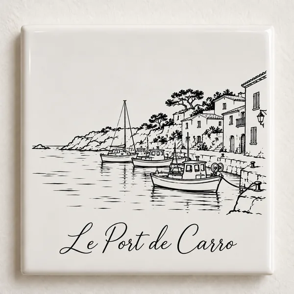 Carreau décoratif K-Reau « Le Port de Carro » en céramique blanche, dessin au trait noir et nom calligraphié