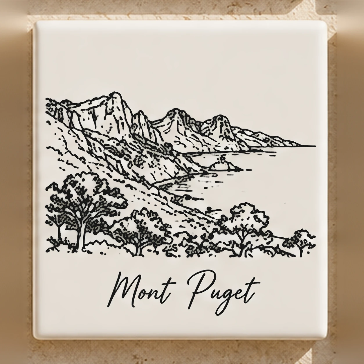Carreau décoratif K-Reau « Le Mont Puget » en céramique blanche, dessin au trait noir et nom calligraphié