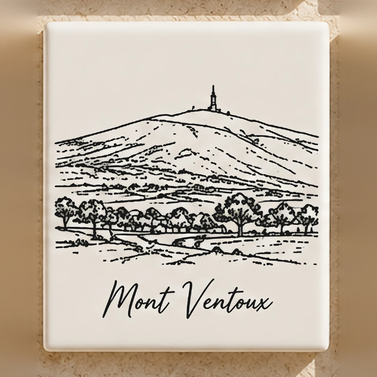 Carreau décoratif K-Reau « Le Mont Ventoux » en céramique blanche, dessin au trait noir et nom calligraphié