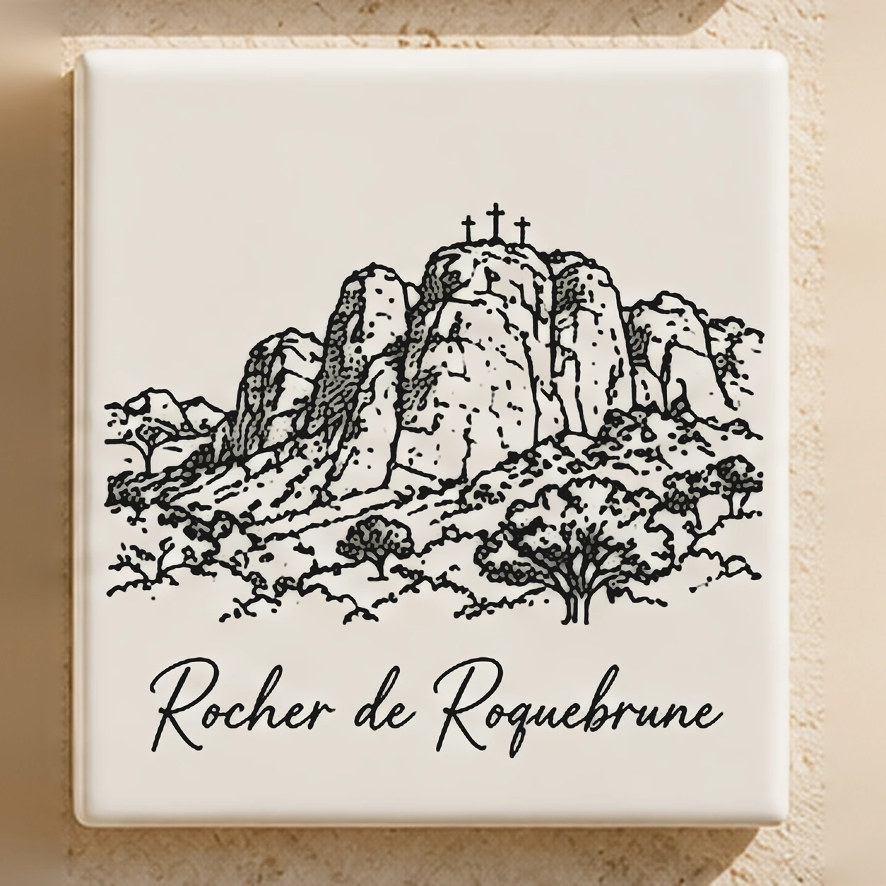 Carreau décoratif K-Reau « Le Rocher de Roquebrune » en céramique blanche, dessin au trait noir et nom calligraphié