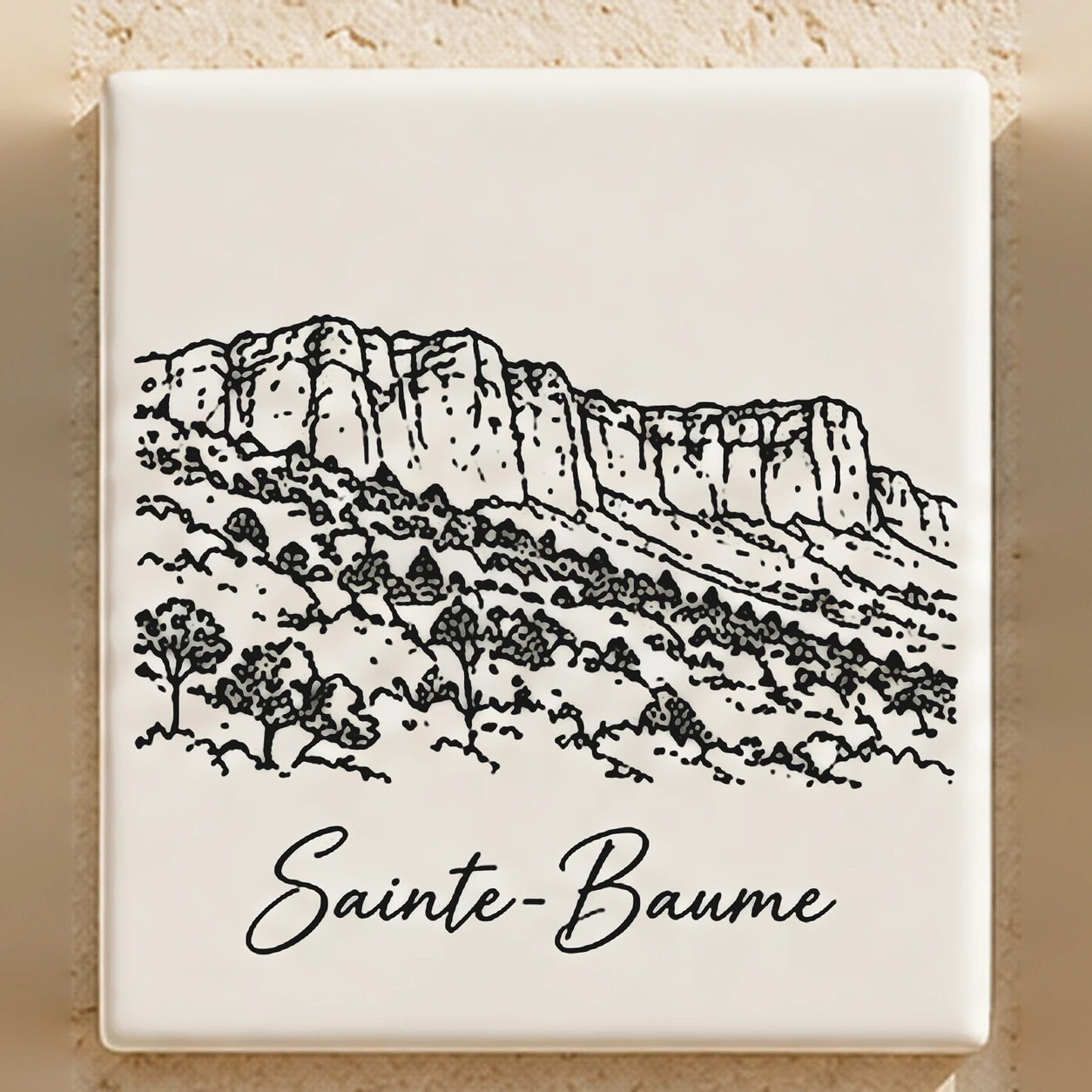 Carreau décoratif K-Reau « La Sainte-Baume » en céramique blanche, dessin au trait noir et nom calligraphié