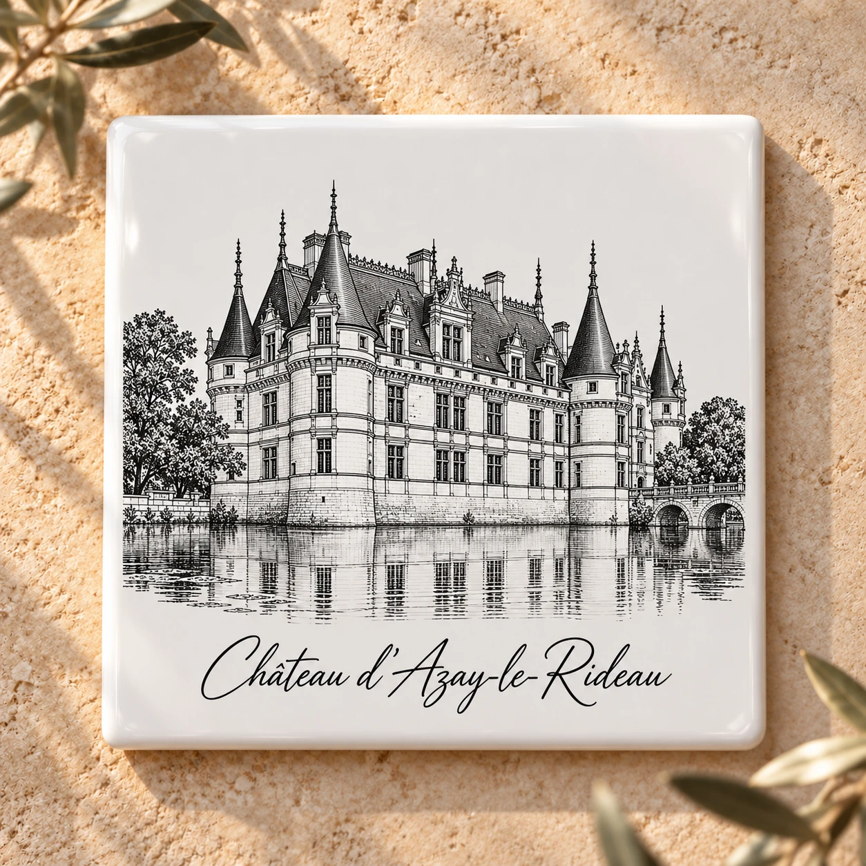 Carreau décoratif K-Reau « Le Château d’Azay-le-Rideau » en céramique blanche, dessin au trait noir et nom calligraphié