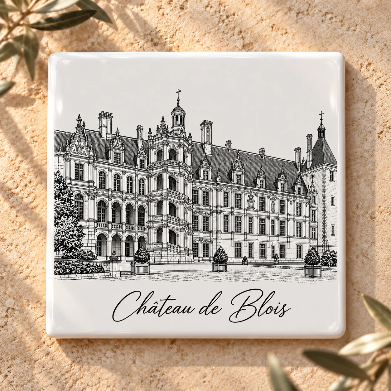 Carreau décoratif K-Reau « Le Château de Blois » en céramique blanche, dessin au trait noir et nom calligraphié