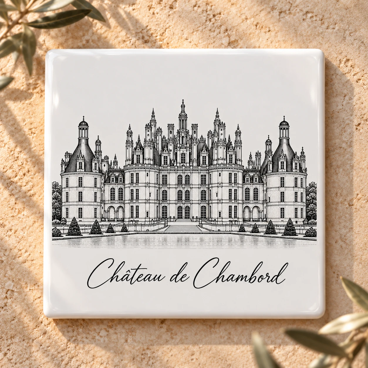 Carreau décoratif K-Reau « Le Château de Chambord » en céramique blanche, dessin au trait noir et nom calligraphié