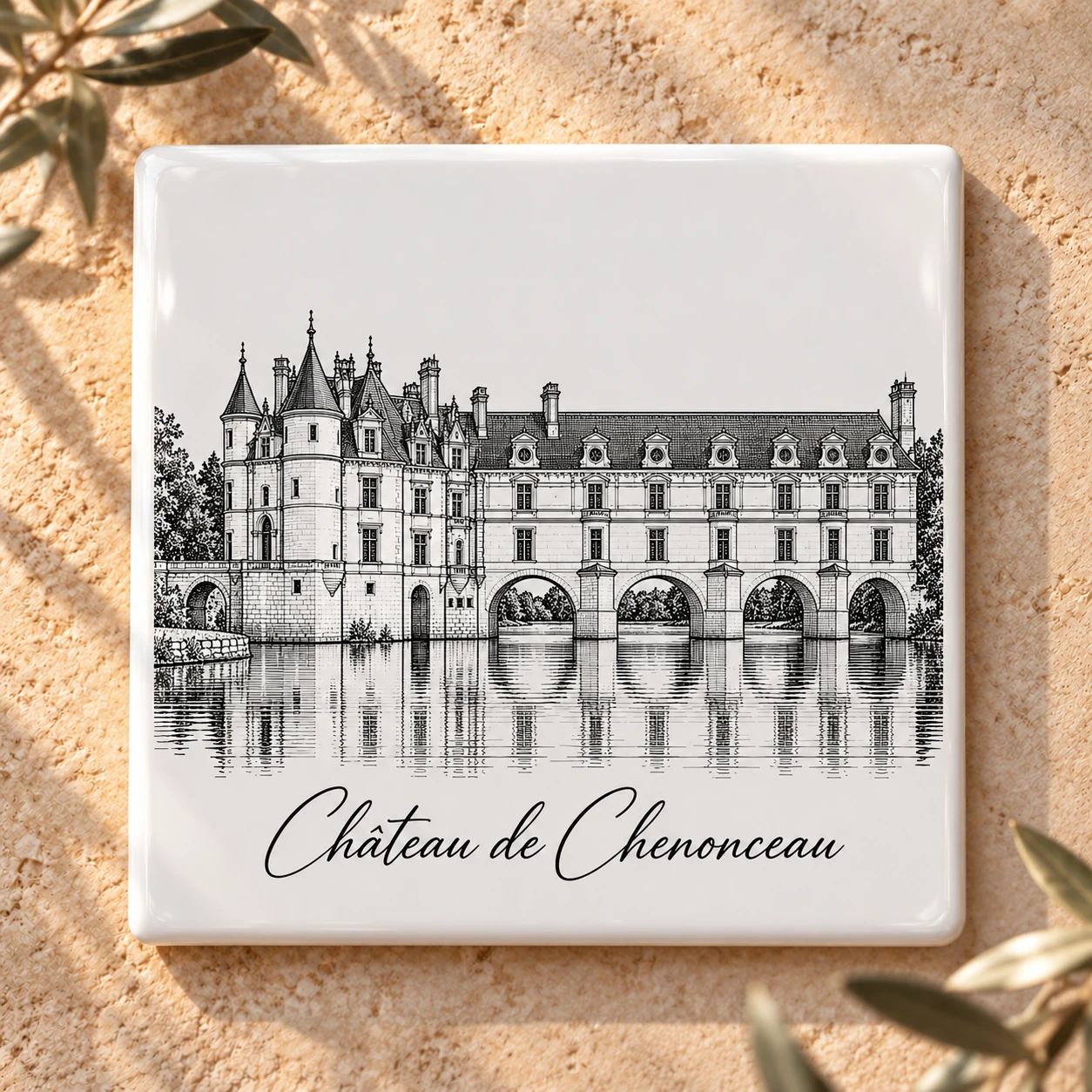 Carreau décoratif K-Reau « Le Château de Chenonceau » en céramique blanche, dessin au trait noir et nom calligraphié