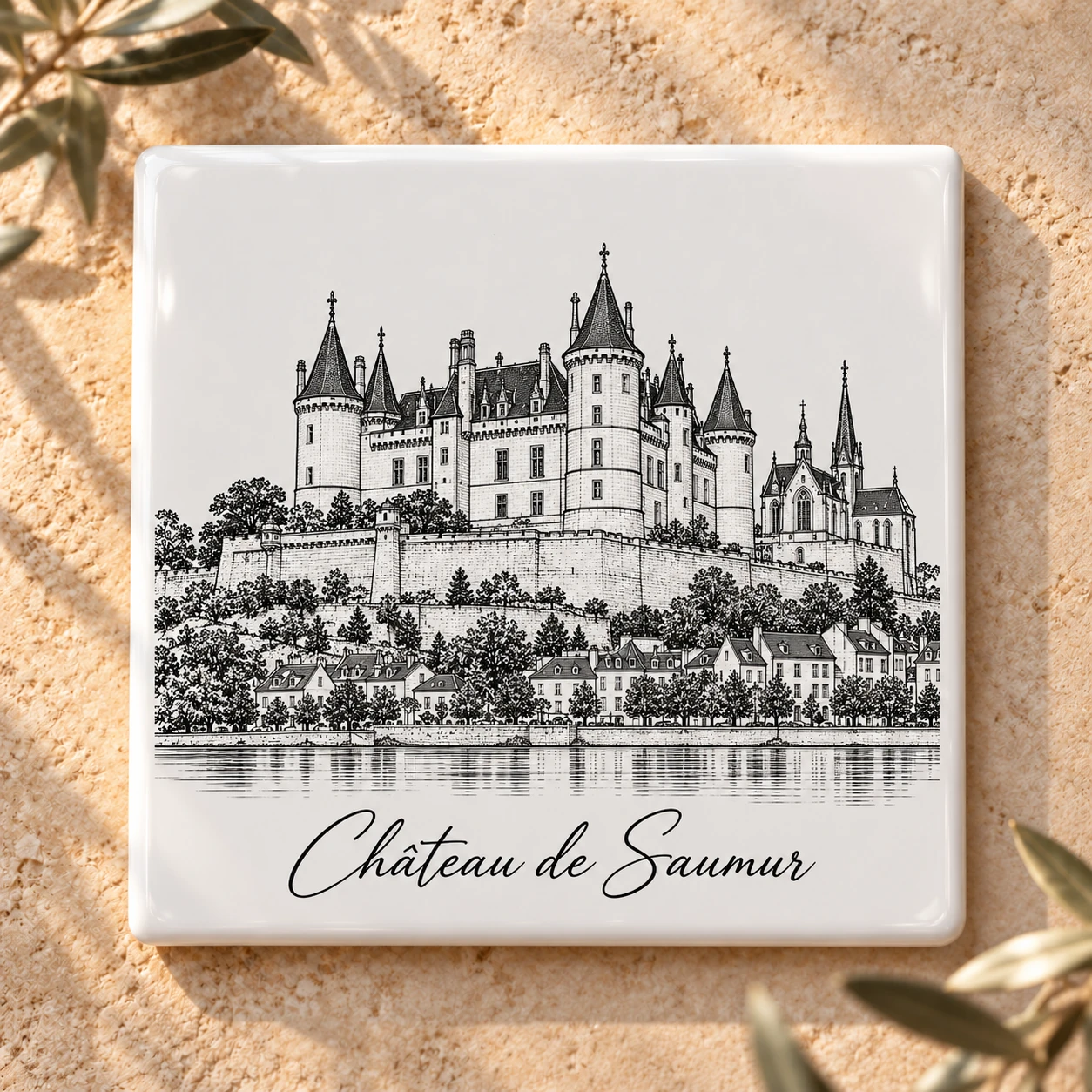 Carreau décoratif K-Reau « Le Château de Saumur » en céramique blanche, dessin au trait noir et nom calligraphié