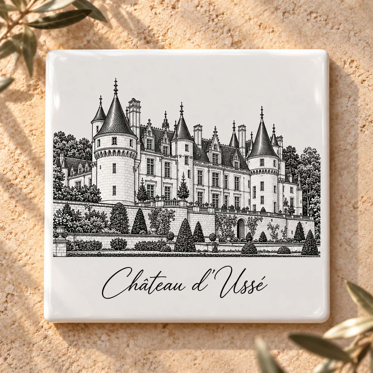 Carreau décoratif K-Reau « Le Château d’Ussé » en céramique blanche, dessin au trait noir et nom calligraphié