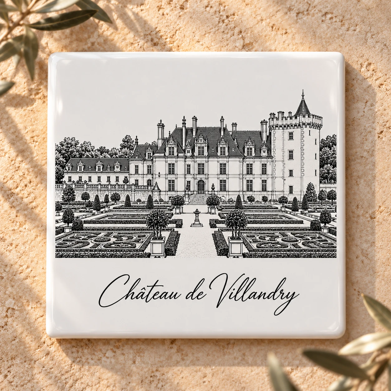 Carreau décoratif K-Reau « Le Château de Villandry » en céramique blanche, dessin au trait noir et nom calligraphié