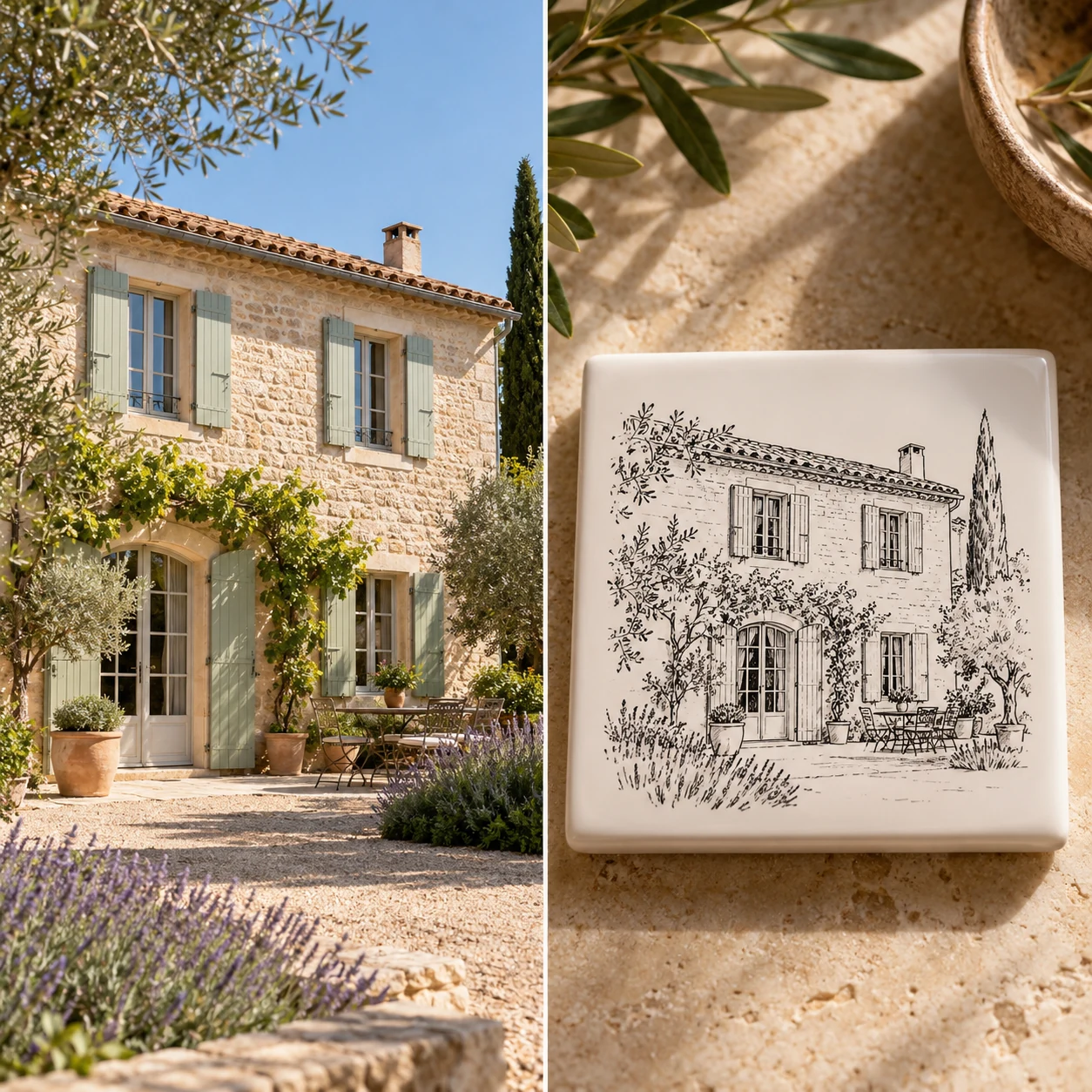 À gauche, la photo d’un mas provençal aux volets verts ; à droite, le même mas dessiné au trait noir sur un carreau K-Reau